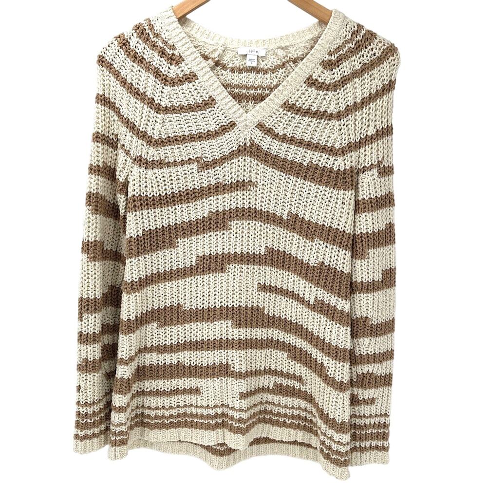J Jill Sweater Womens Small Boho Chunky Knit Cotton V-Neck Beige Tan